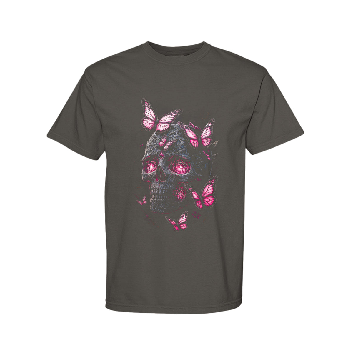 AFTERLIFE skull and butterfly graphic T-shirt in Pepper with pink butterflies and detailed skull artwork