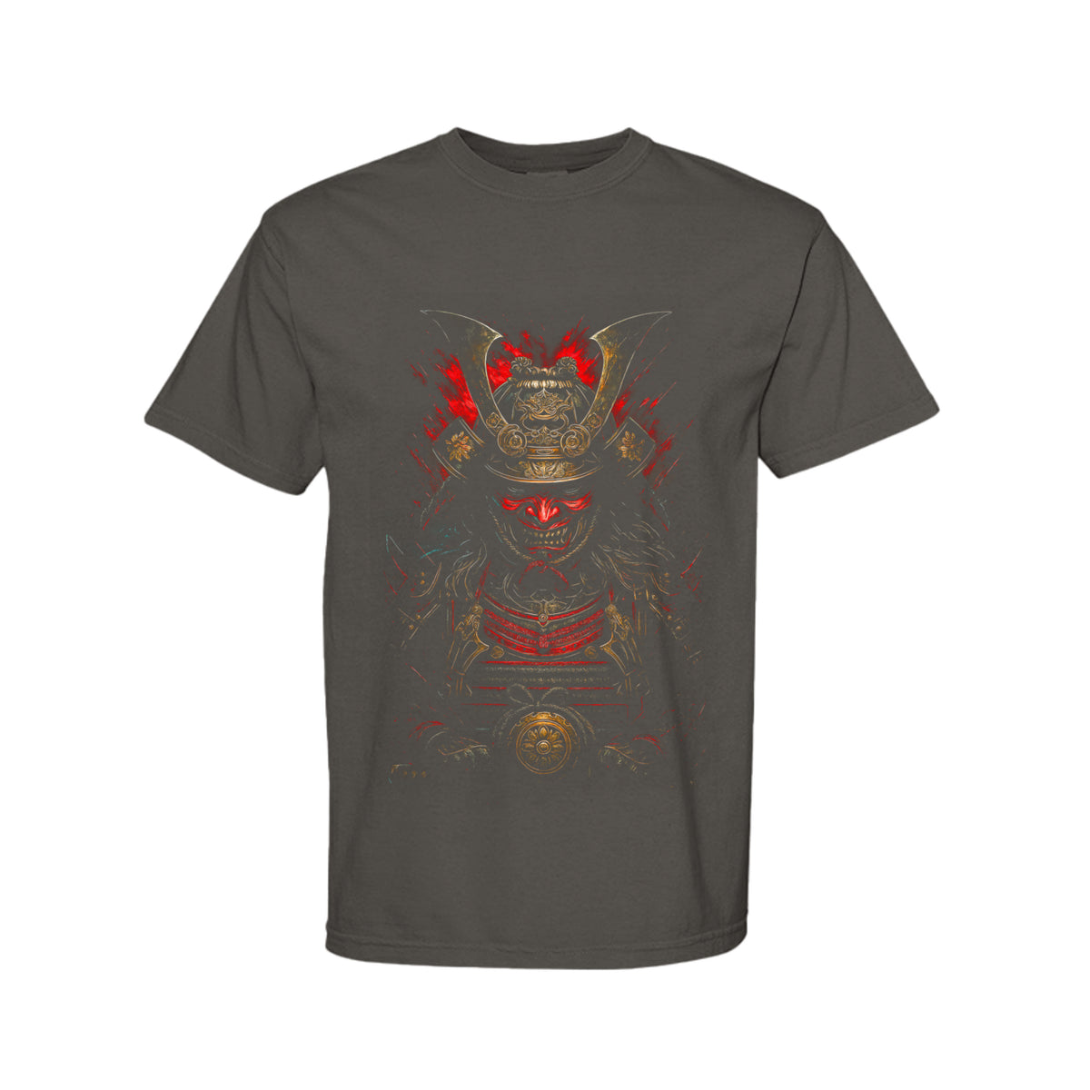 SHOGUN samurai graphic T-shirt in pepper featuring distressed red and antique gold Japanese warrior artwork