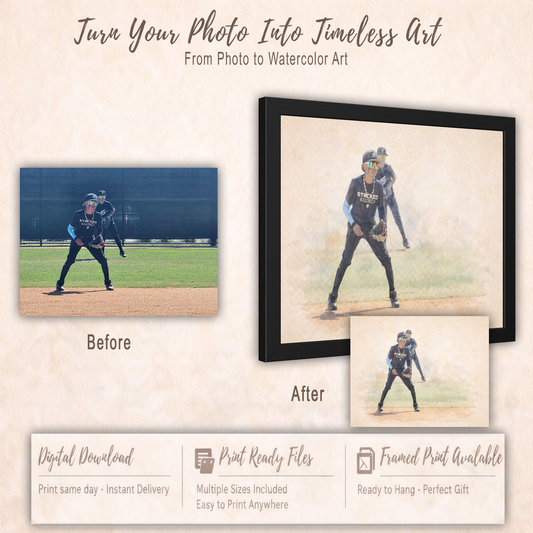 Before and after comparison of a baseball player photo turned into watercolor art with text overlay.
