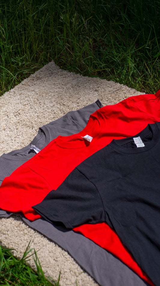 Comfort Colors 1717, Bella+Canvas 3001, and Gildan 5000 blank T-shirts displayed together for custom apparel and custom T-shirt printing comparison.
