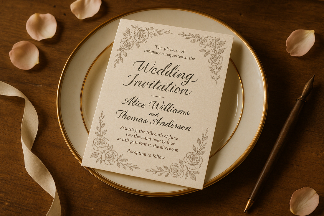 Elegant wedding invitation card with floral border placed on a white and gold plate, surrounded by pink rose petals, ribbon, and a vintage pen on a wooden table.