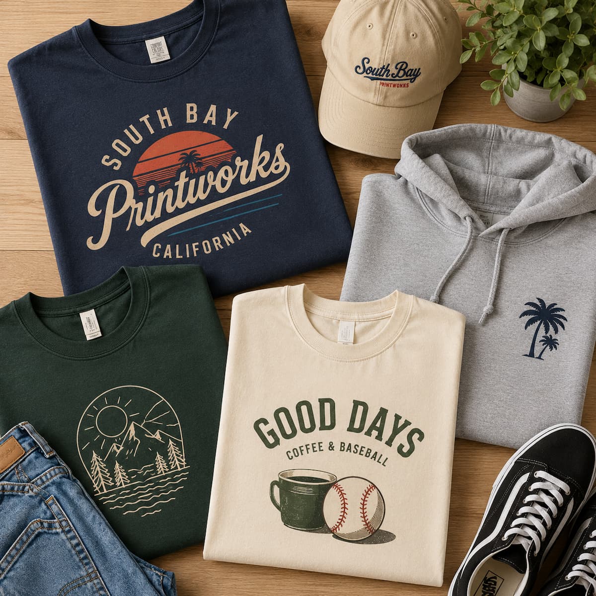 Ready-made graphic T-shirts, hoodies and casual apparel from South Bay Printworks