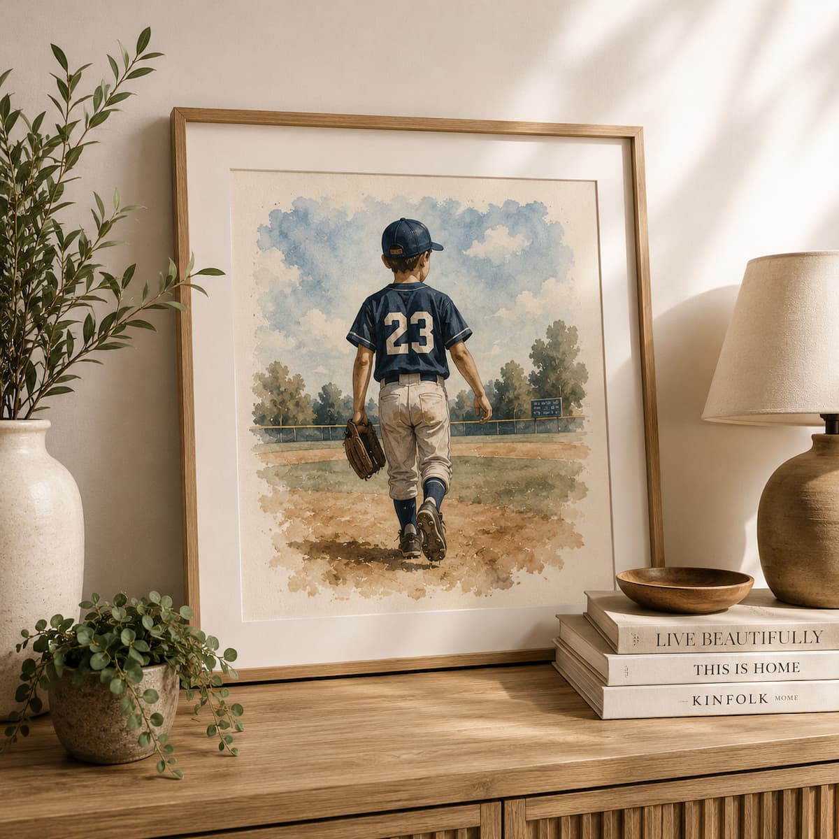 Framed personalized baseball watercolor wall art displayed in a warm modern home interior