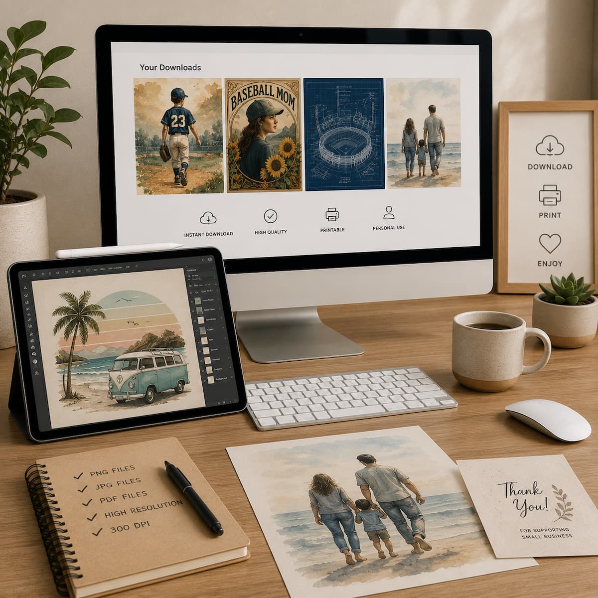 Digital artwork and printable design files displayed on a computer and tablet in a creative workspace
