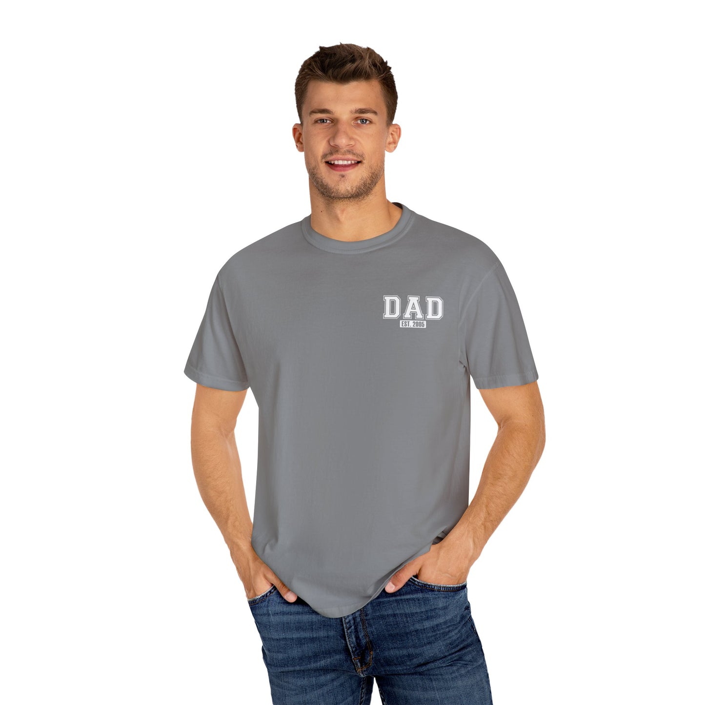Custom Dad Established Year T-shirt - White Varsity Font