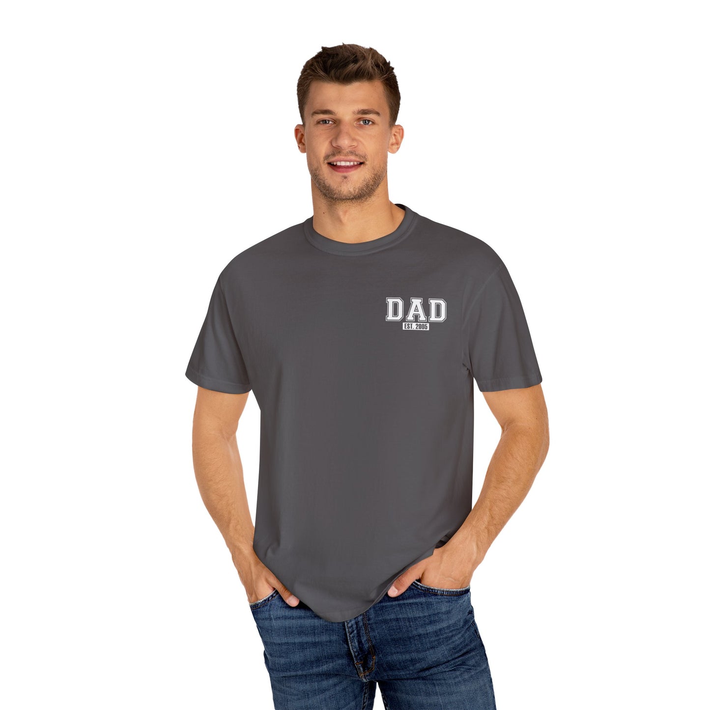 Custom Dad Established Year T-shirt - White Varsity Font