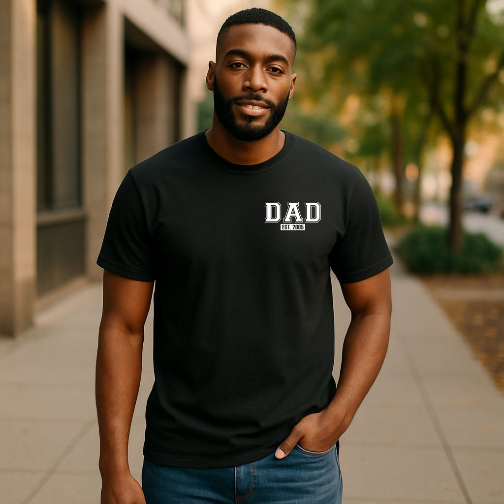 Custom Dad Established Year  T-shirt - Varsity Black Font