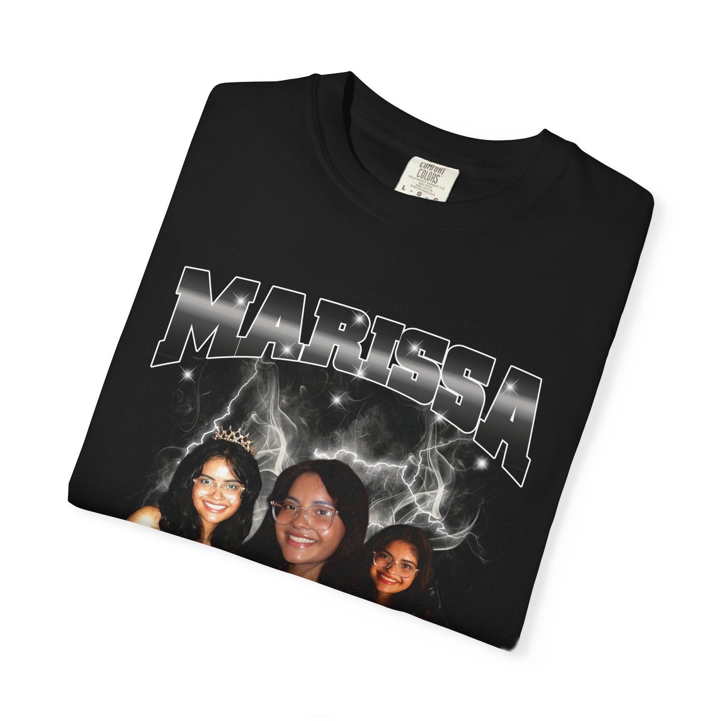 Marissa Personalized Photo T‑Shirt — Custom Name Retro Lightning Portrait Tee