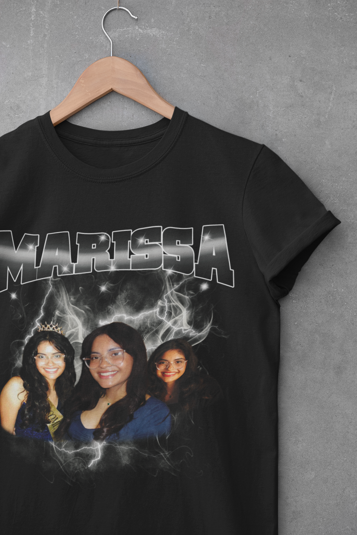 Custom photo crewneck T-shirt mockup hanging against cement wall
