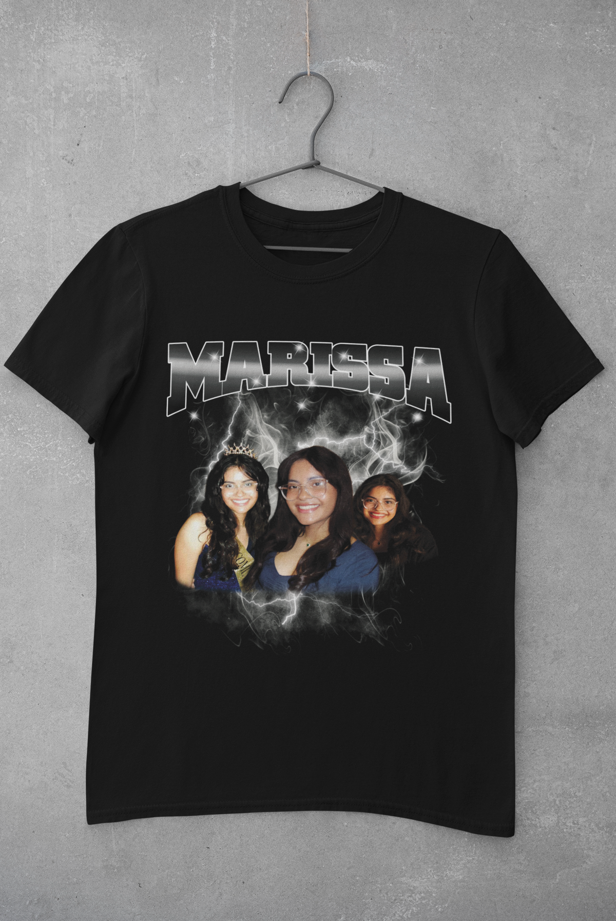 Personalized retro lightning photo T-shirt mockup hanging on concrete wall