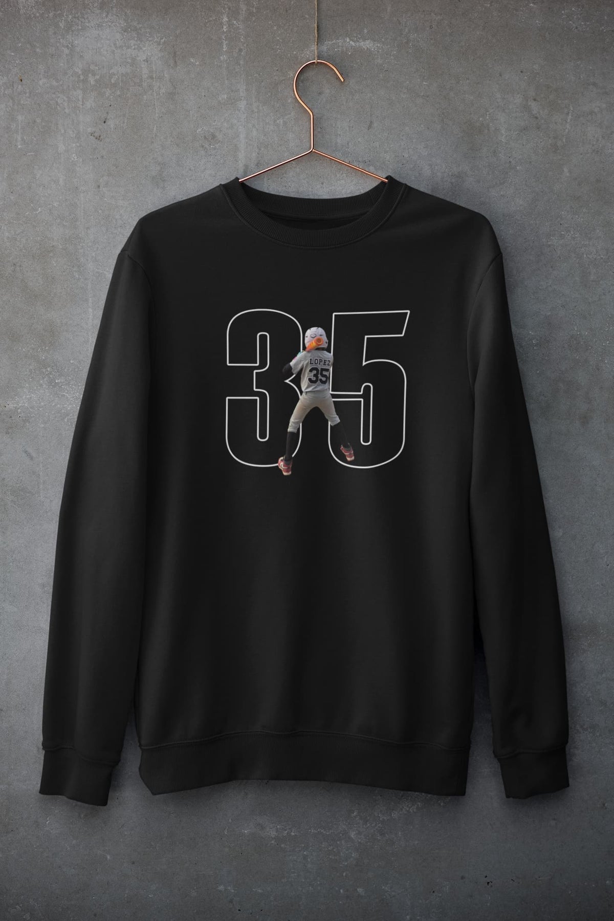 Custom baseball mom player photo crewneck sweatshirt mockup on concrete wall