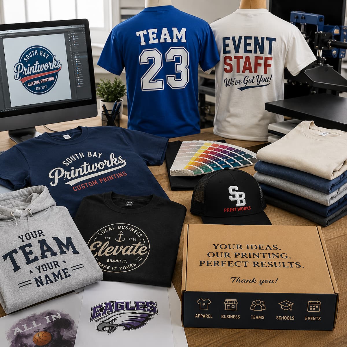 Custom T-shirt printing workspace featuring team apparel, business shirts, branded merchandise, and custom printing equipment