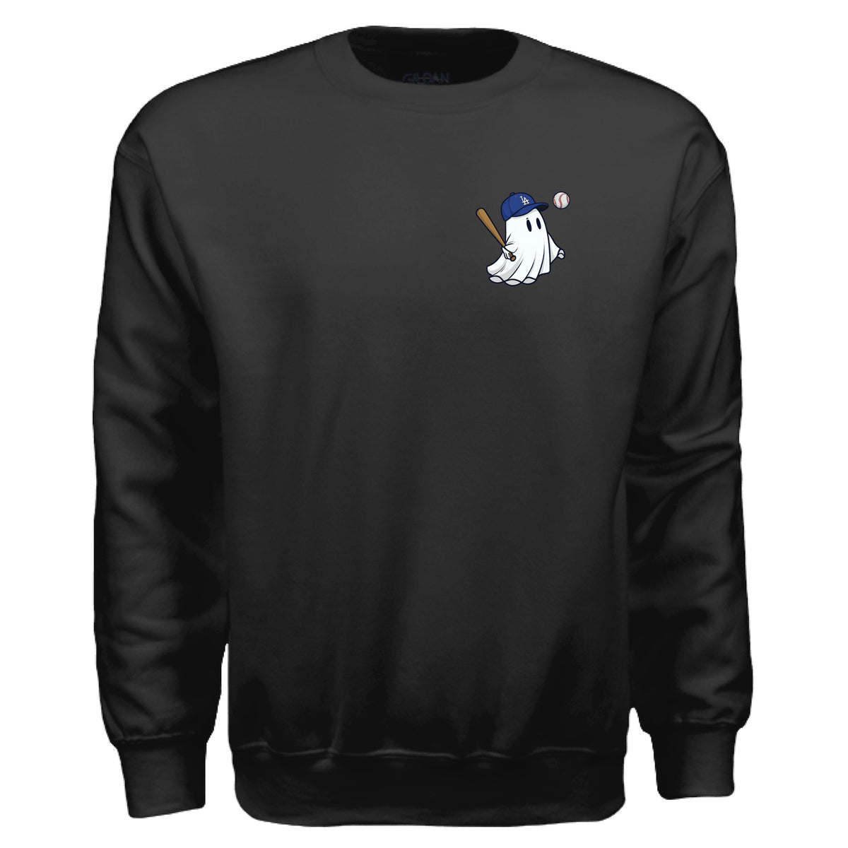 Black baseball ghost graphic crewneck sweatshirt, front view