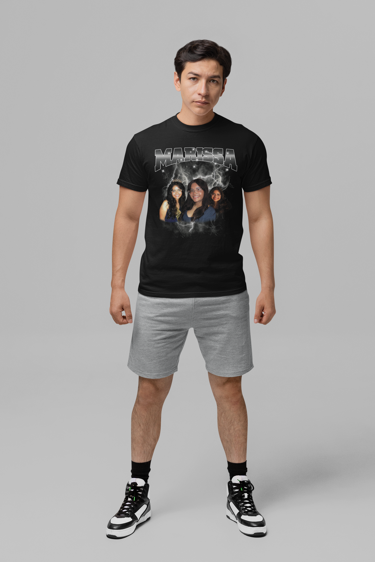 Man in studio wearing custom photo T-shirt with personalized retro lightning design