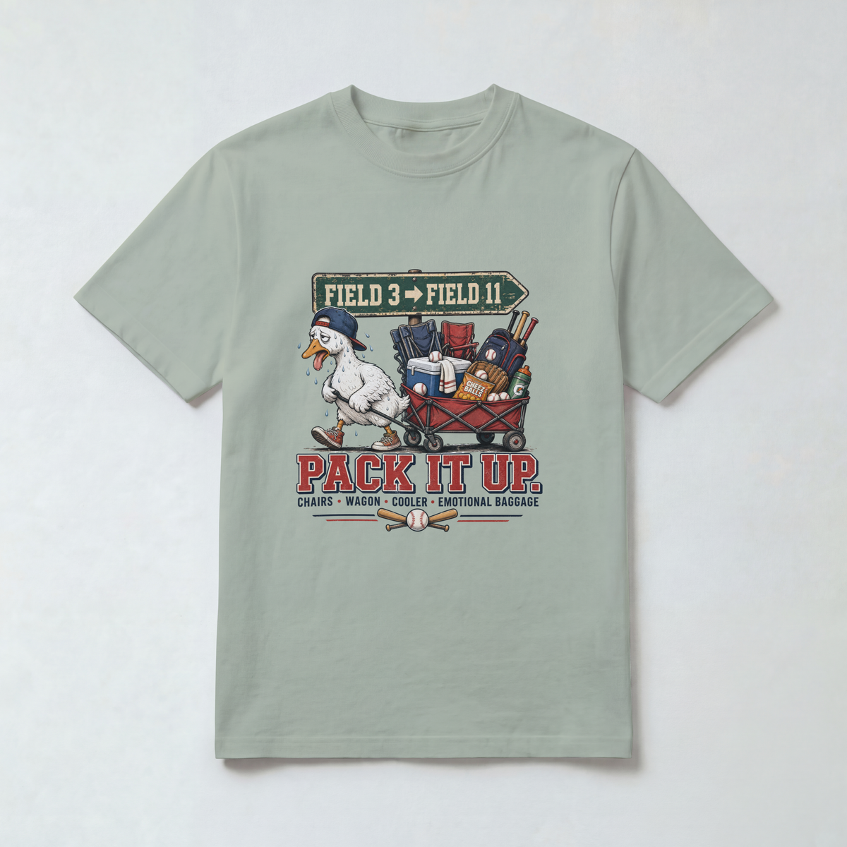 Bay Comfort Colors 1717 travel baseball parent shirt with vintage goose, tournament gear wagon and Pack It Up lettering.