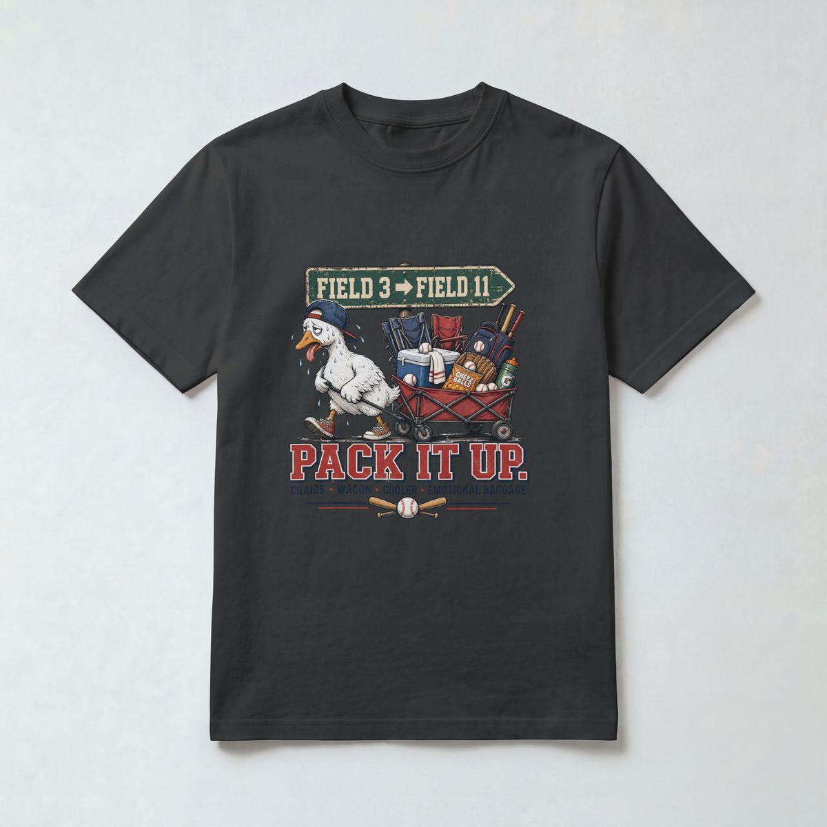 Black Comfort Colors 1717 travel baseball parent shirt featuring a tired goose hauling baseball tournament gear.