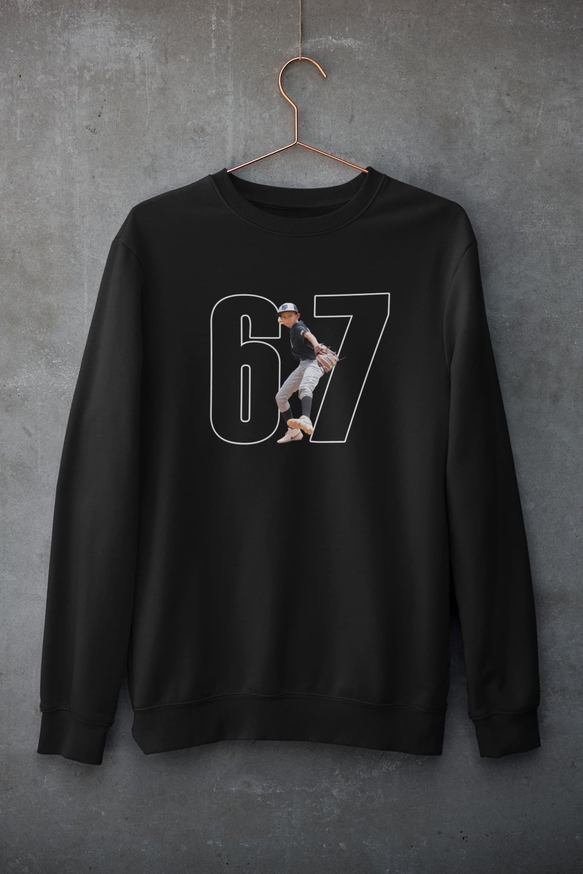 Baseball mom personalized crewneck sweatshirt mockup, alternate view on concrete wall