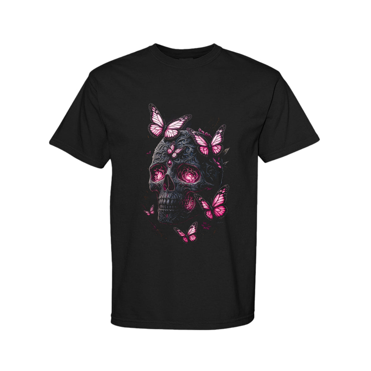 AFTERLIFE skull and butterfly graphic T-shirt in black with vivid pink butterflies and dark skull artwork