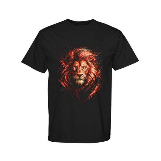UNBROKEN lion graphic T-shirt in black featuring distressed red and orange lion artwork