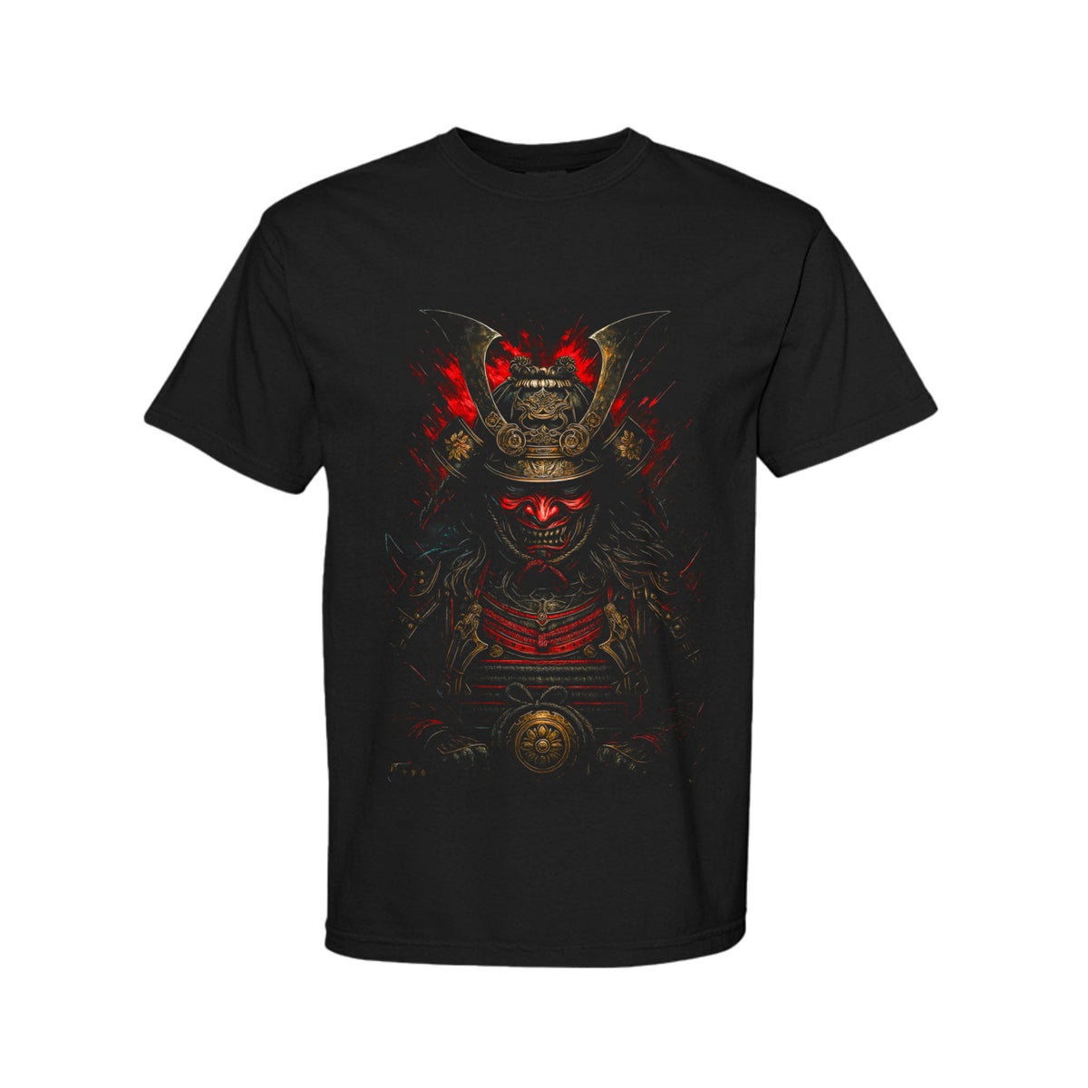SHOGUN samurai graphic T-shirt in black featuring distressed red and antique gold Japanese warrior artwork