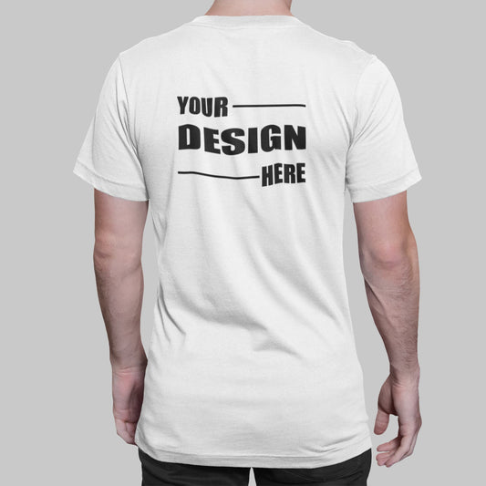 Man standing with back turned wearing a custom printed T-shirt in studio