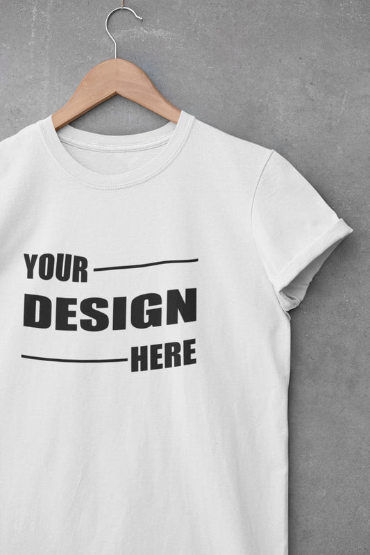 Custom printed T-shirt displayed on concrete wall
