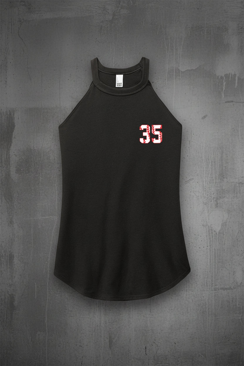 Black personalized baseball tank top mockup with custom player name Lopez and red softball stitching design on a gray concrete wall background