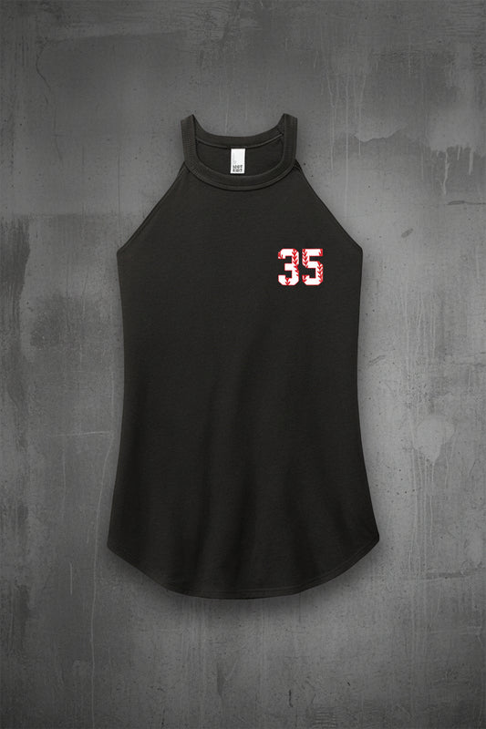 Black personalized baseball tank top mockup with custom player name Lopez and red softball stitching design on a gray concrete wall background
