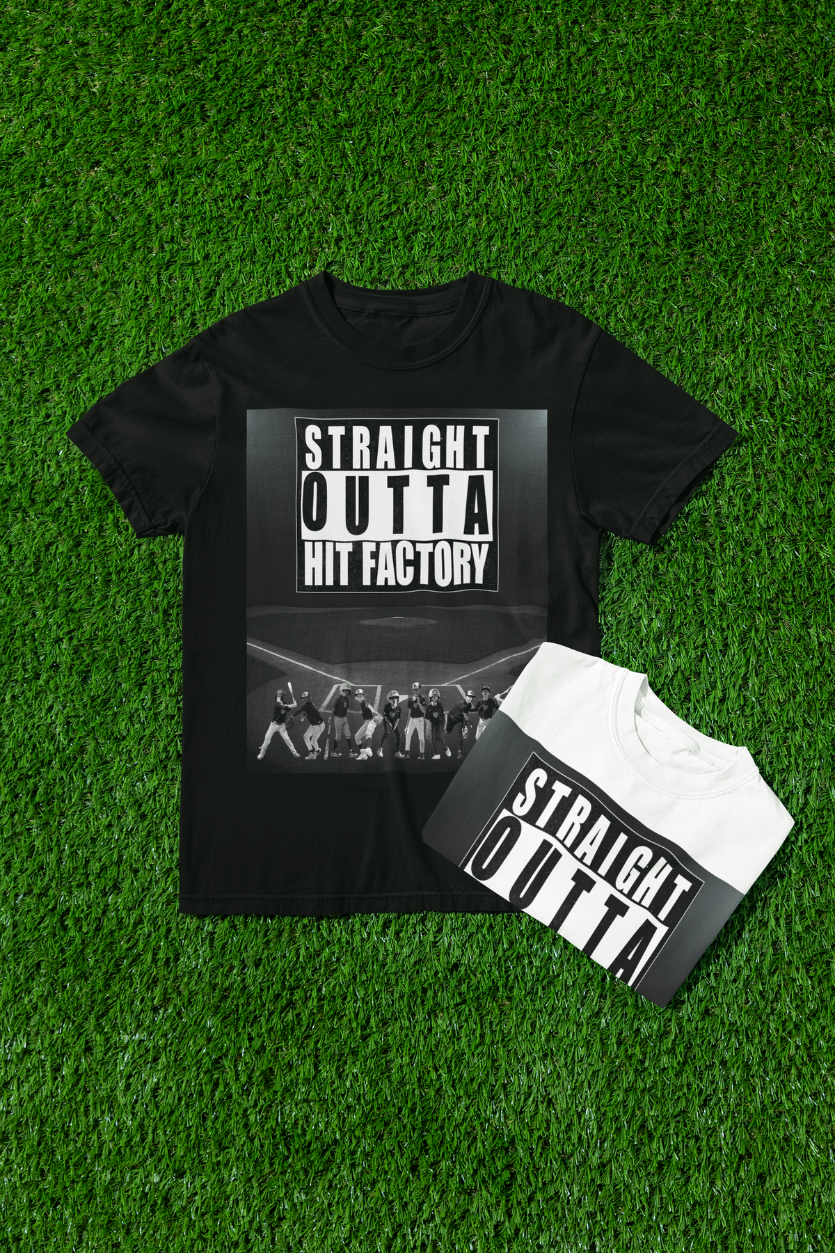 Custom team T-shirt with "Straight Outta" personalized sports team design, dark colorway mockup