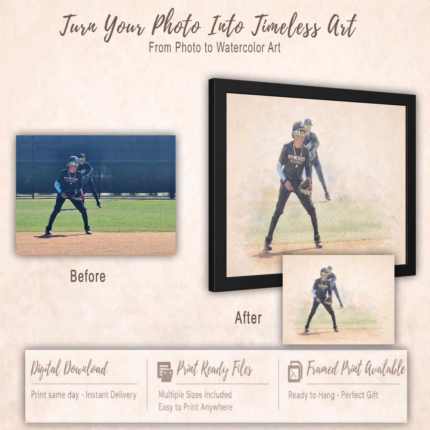 Custom Baseball Watercolor Portrait From Your Photo | Personalized Wall Art & Baseball Keepsake